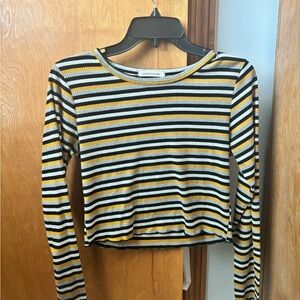 Caution To The Wind Striped Ribbed Long-Sleeve Crop Top - Black, White & Mustard
